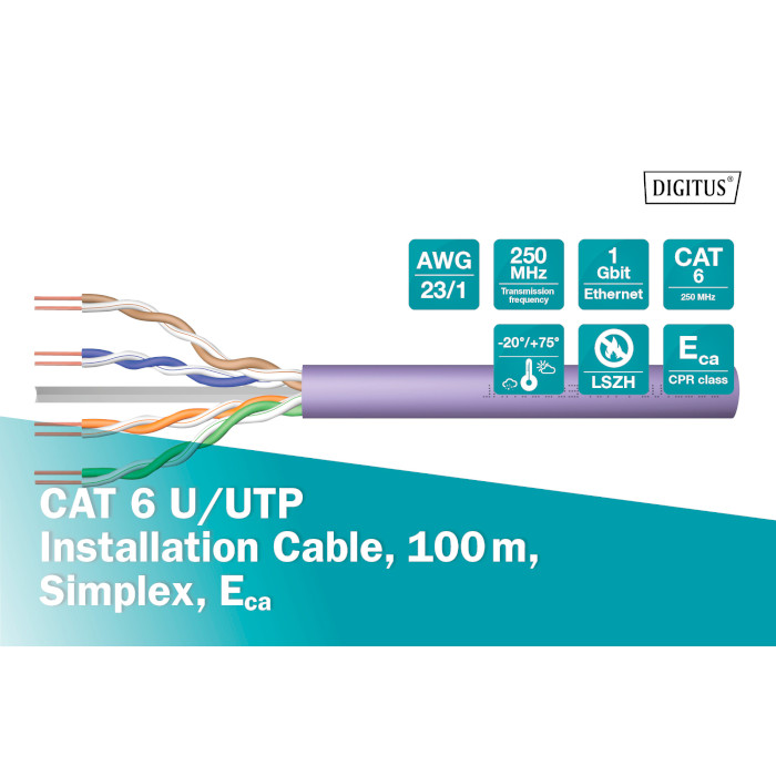 Кабель мережевий DIGITUS UTP Cat.6 LSZH 4x2x0.57 CU фіолетовий 100м (DK-1613-VH-1)