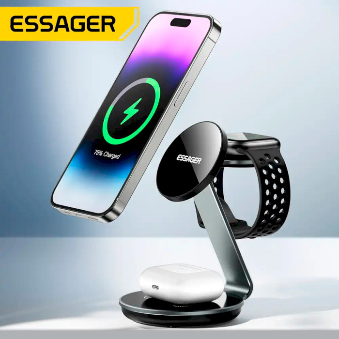 Беспроводное зарядное устройство ESSAGER OJD-102 3-in-1 Best Charging Stand Wireless Charger Black (EWXCX3-HY0G-Z)