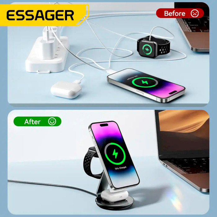 Беспроводное зарядное устройство ESSAGER OJD-102 3-in-1 Best Charging Stand Wireless Charger Black (EWXCX3-HY0G-Z)