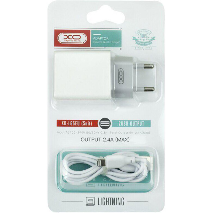 Зарядний пристрій XO L65 2xUSB-A, 2.4A White w/Lightning cable (L65-L-WH)