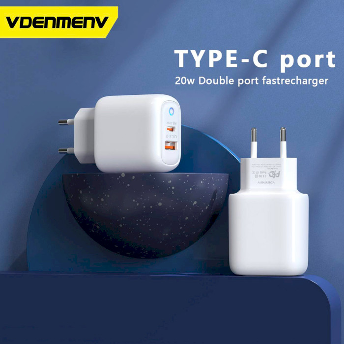 Зарядний пристрій DENMEN DC26 1xUSB-A, 1xUSB-C, PD20W, QC3.0 White