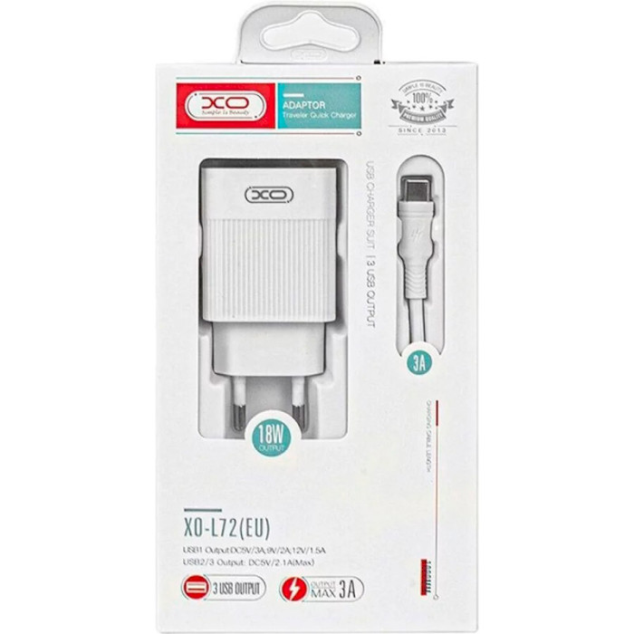 Зарядний пристрій XO L72 3xUSB-A, QC3.0, 18W White w/Type-C cable (L72-TC-WH)