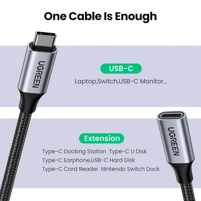 Кабель-подовжувач UGREEN US372 USB-C Male to USB-C Female Gen2 Extension Cable 1м Gray (30205)