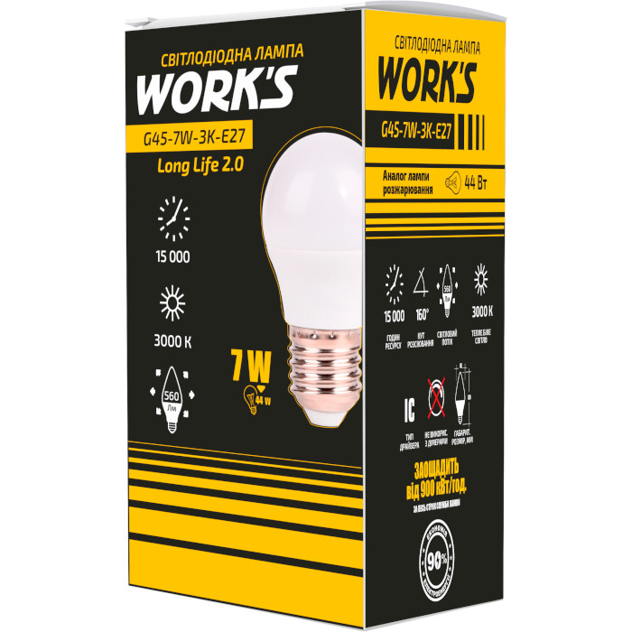 Лампочка LED WORKS Long-Life 2.0 G45 E27 7W 3000K 220V (G45-7W-3K-E27)