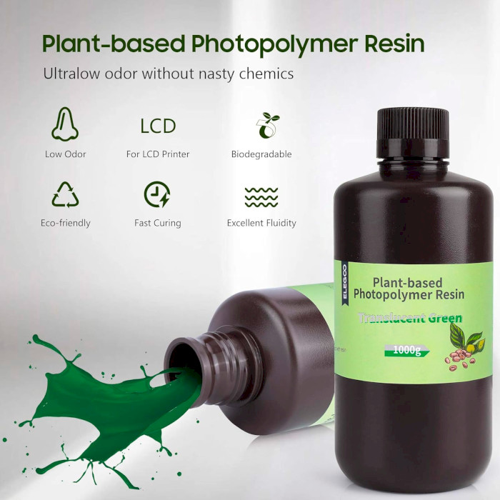 Фотополімерна гума для 3D принтера ELEGOO Plant-Based Resin, 1кг, Translucent Green (50.103.0032)