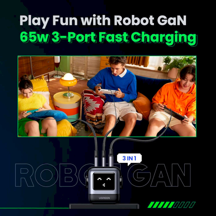 Зарядний пристрій UGREEN CD361 Nexode RG 65W 2xUSB-C, 1xUSB-A, Robot GaN Fast Charger Black (25685B)