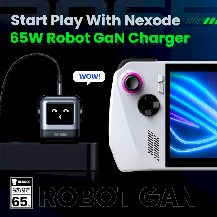 Зарядний пристрій UGREEN CD361 Nexode RG 65W 2xUSB-C, 1xUSB-A, Robot GaN Fast Charger Black (25685B)