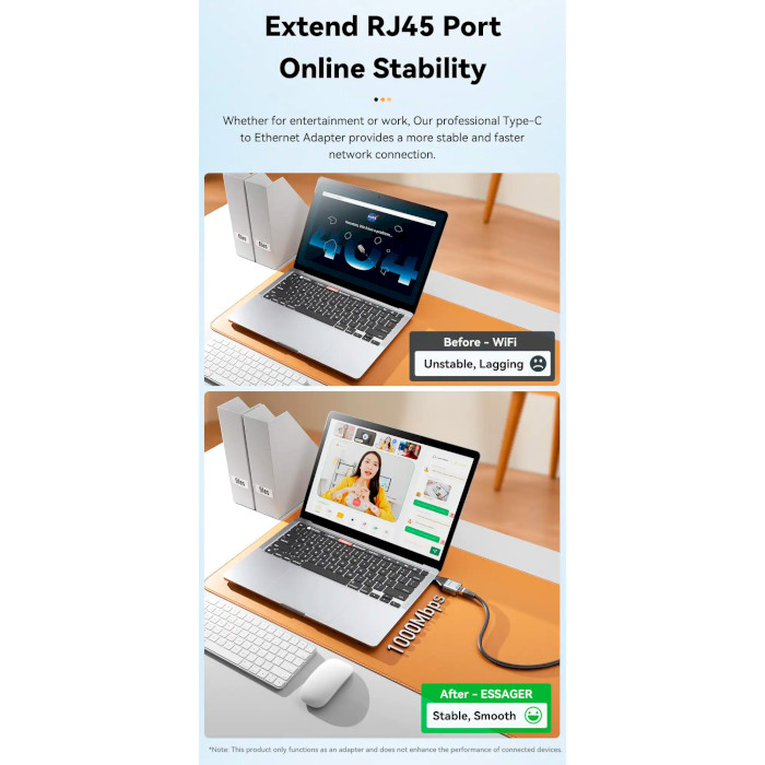 Мережевий адаптер ESSAGER Type-C to Ethernet Adapter Gray