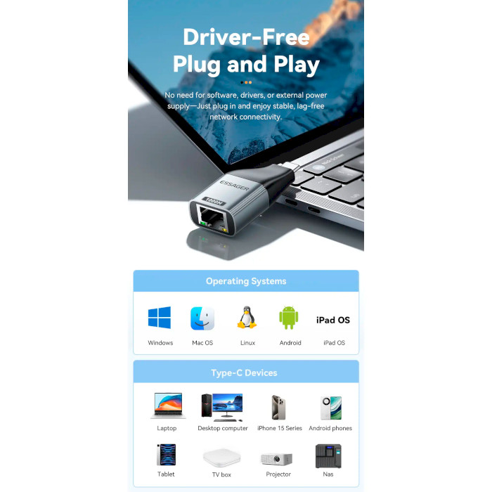 Мережевий адаптер ESSAGER Type-C to Ethernet Adapter Gray
