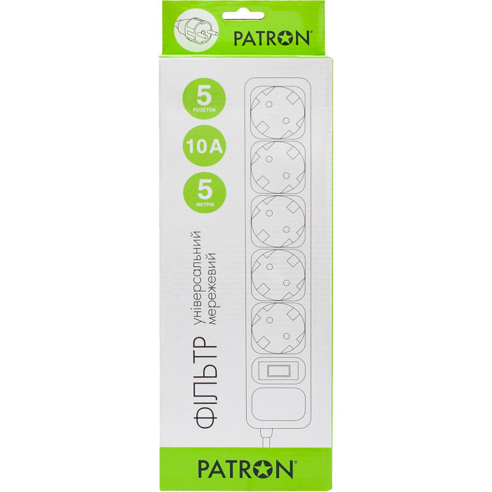 Мережевий фільтр PATRON SP-1055W White, 5 розеток, 5м