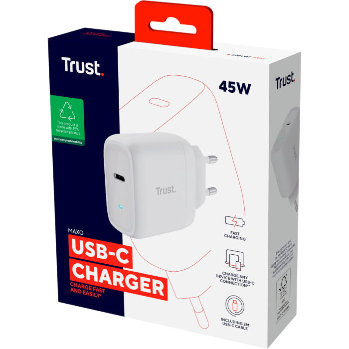 Зарядний пристрій TRUST Maxo 45W 1xUSB-C Charger White w/Type-C to Type-C cable (25138)