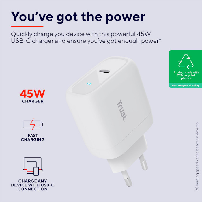 Зарядний пристрій TRUST Maxo 45W 1xUSB-C Charger White w/Type-C to Type-C cable (25138)