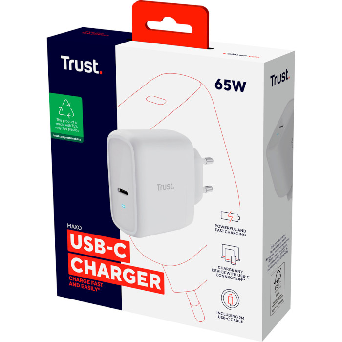 Зарядний пристрій TRUST Maxo 65W 1xUSB-C Charger White w/Type-C to Type-C cable (25139)