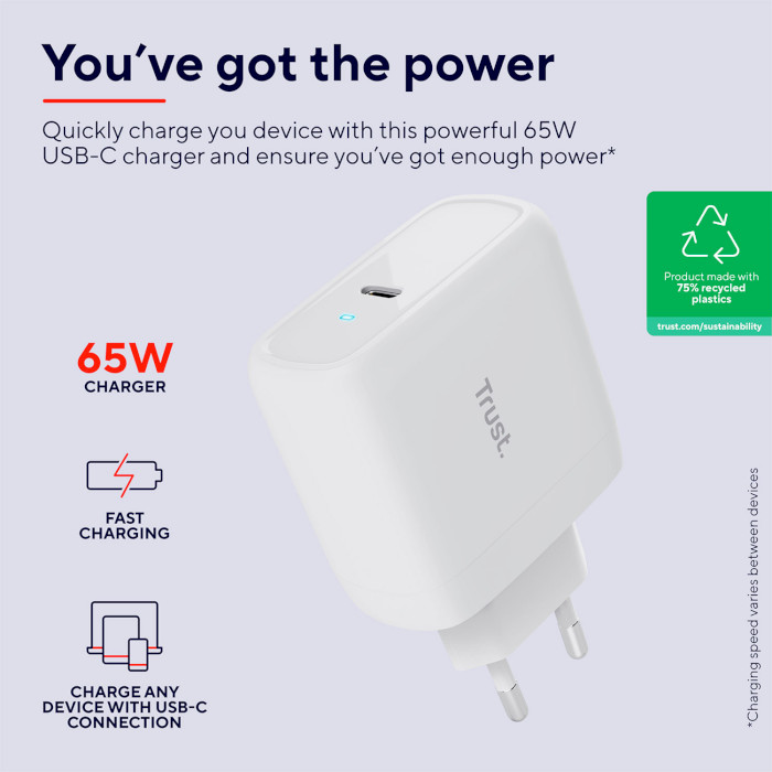 Зарядний пристрій TRUST Maxo 65W 1xUSB-C Charger White w/Type-C to Type-C cable (25139)