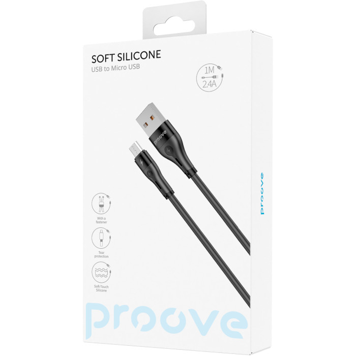 Кабель PROOVE Soft Silicone USB-A to Micro-USB 2.4A 1м Black