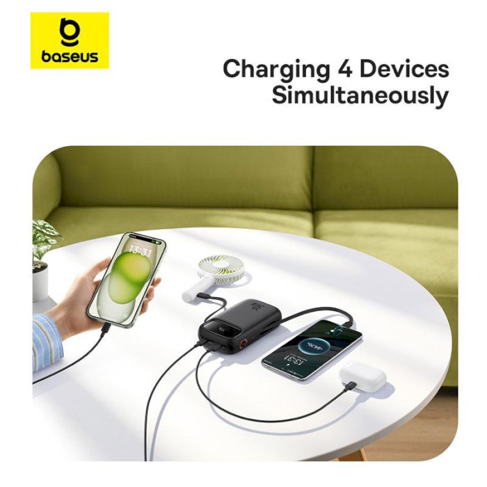 Повербанк BASEUS QPow2 Digital Display Fast Charge Power Bank with Built-in Dual Type-C Cable 30W 20000mAh Black (P10055009113-00)