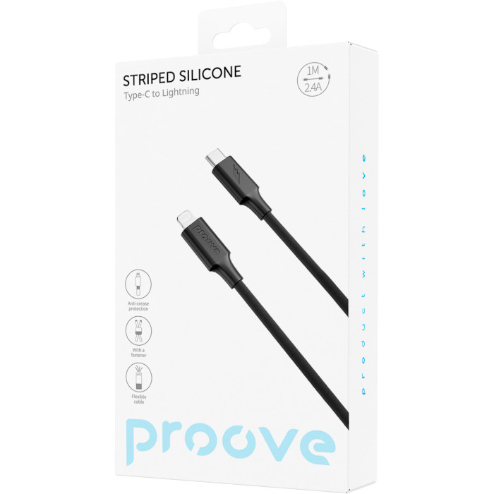 Кабель PROOVE Striped Silicone Type-C to Lightning 2.4A 1м Black