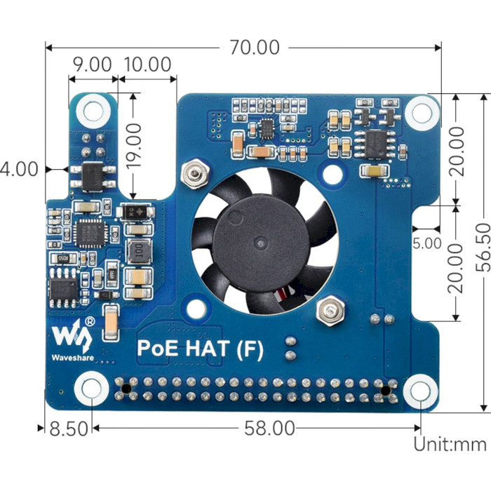 Плата расширения WAVESHARE PoE HAT (F) for Raspberry Pi 5 (WAV-26399)