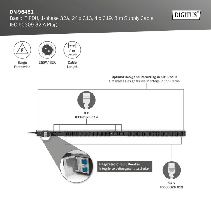 Распределитель питания DIGITUS 19" Basic IT PDU, 0U, 24xC13, 4xC19, 32А, с выключателем, 3м (DN-95451)