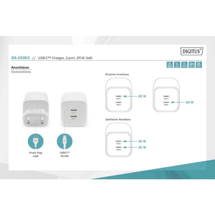 Зарядний пристрій DIGITUS 2xUSB-C, 65W, GaN Charger White (DA-10063)