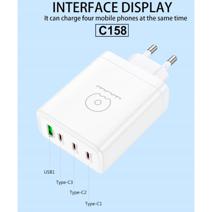 Зарядное устройство WUW C158 1xUSB-A, 3xUSB-C, PD20W, QC3.0, 100W White