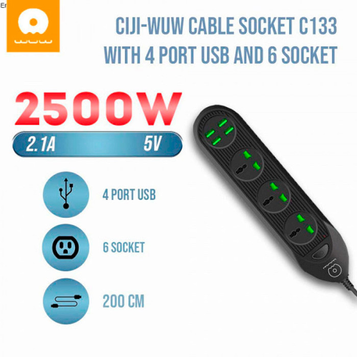 Сетевой фильтр WUW C133 Black, 3 розетки, 4xUSB, 2м