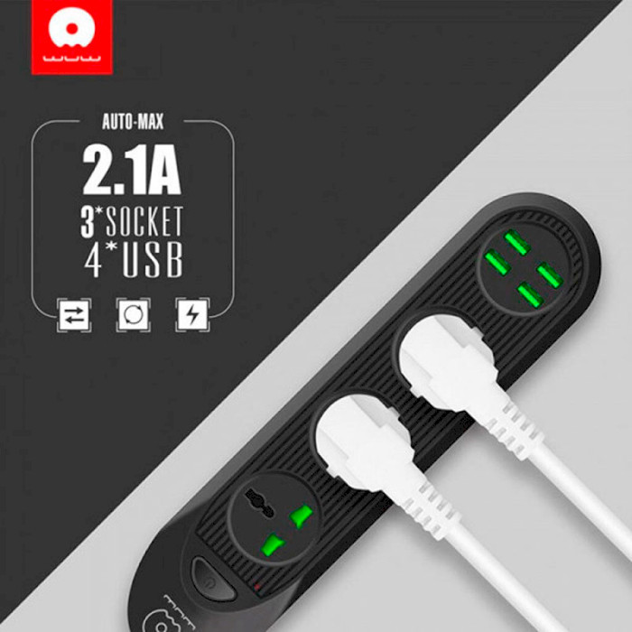 Сетевой фильтр WUW C133 Black, 3 розетки, 4xUSB, 2м