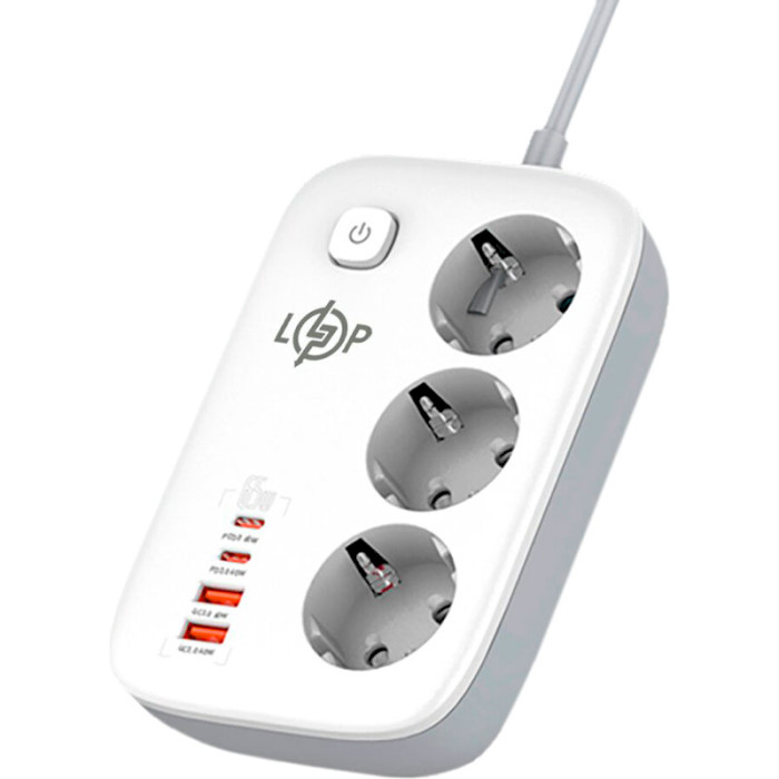 Сетевой фильтр LOGICPOWER F65WG4 White, 3 розетки, 2xUSB-C, 2xUSB, 2м