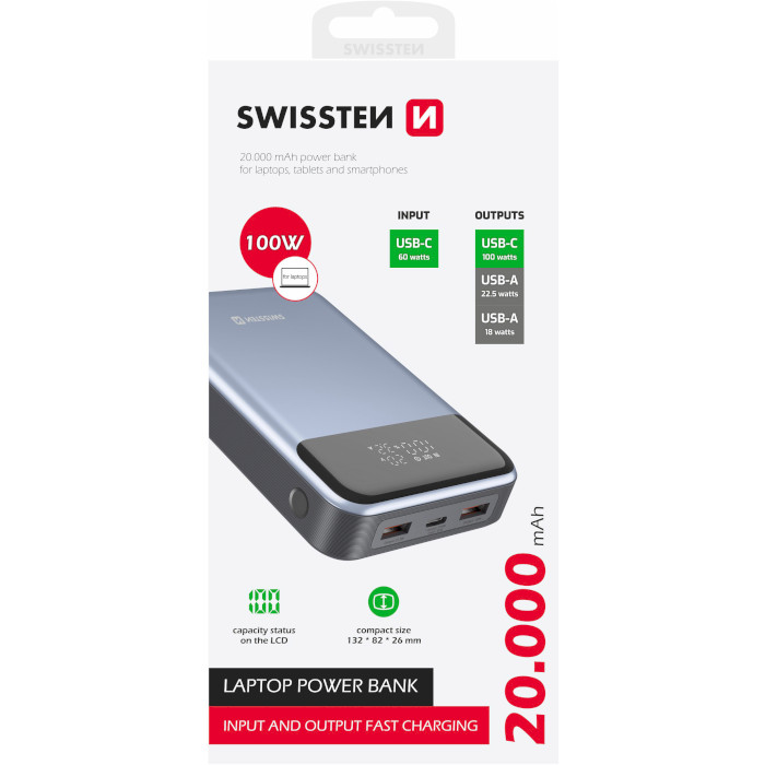 Повербанк SWISSTEN 1xUSB-C, 2xUSB-A, PD3.0, QC3.0, 100W 20000mAh (22013932)