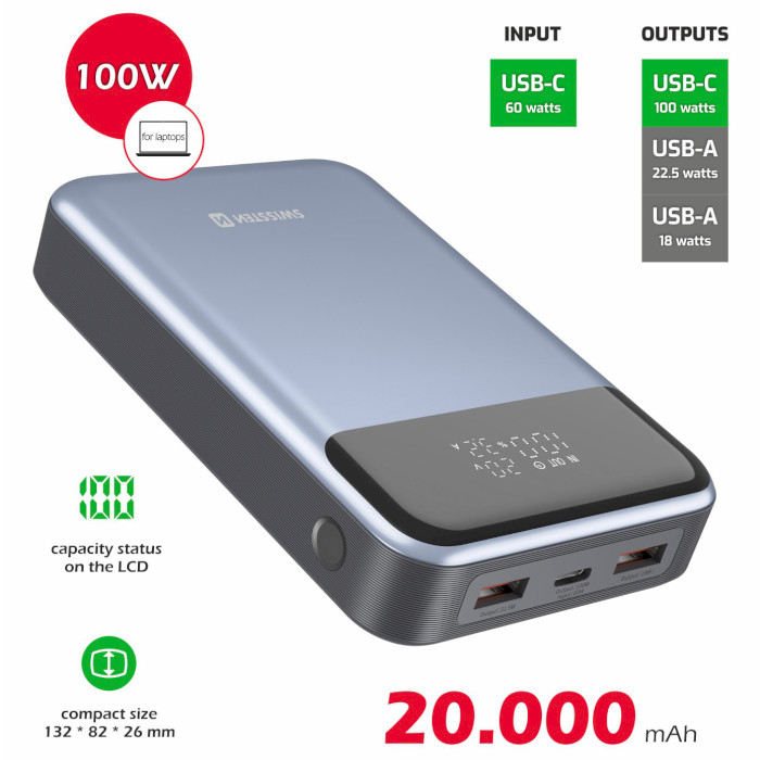 Повербанк SWISSTEN 1xUSB-C, 2xUSB-A, PD3.0, QC3.0, 100W 20000mAh (22013932)