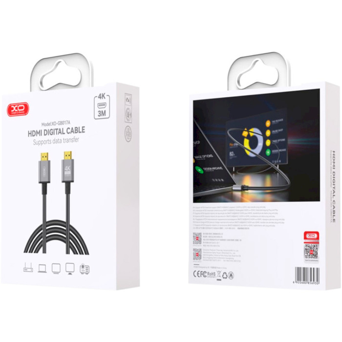 Кабель XO GB017A HDMI v2.0 3м Gray (GB017A-HDMI.TRANISH)