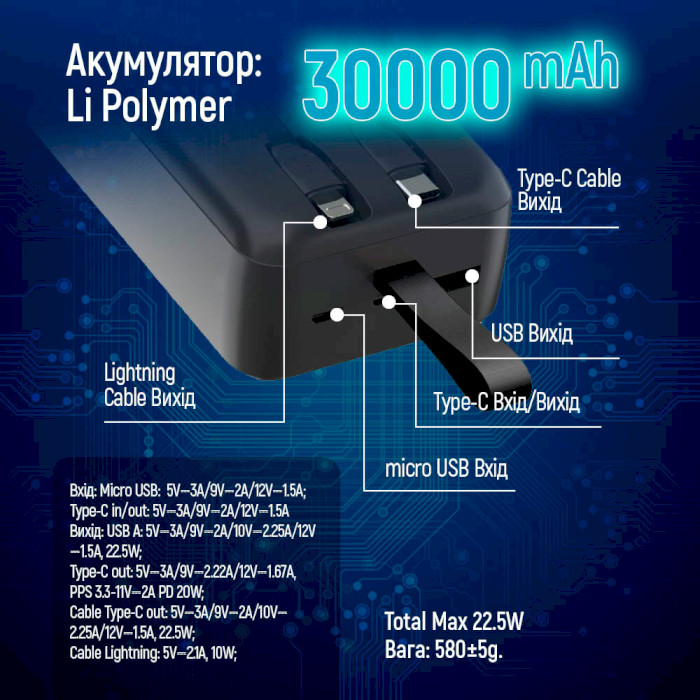 Повербанк COLORWAY Digital Display 30000mAh (CW-PB300LPC5BK-PDD)