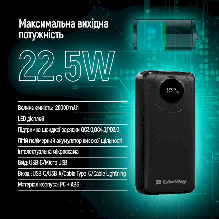 Повербанк COLORWAY EnergyPlus 20000mAh (CW-PB200LPB4BK-PDD)