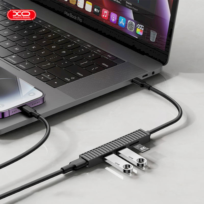 USB-хаб XO HUB014B 4-in-1 USB-C to 3xUSB3.0, TF