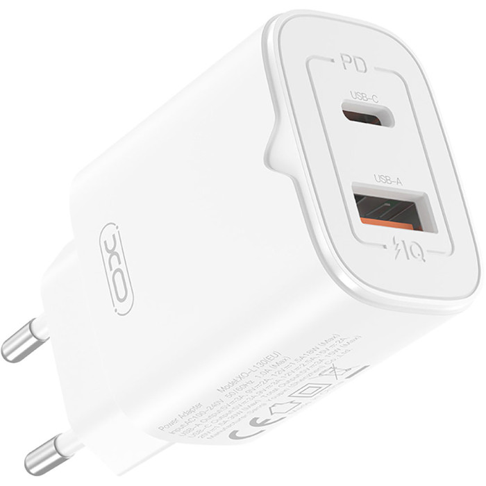 Зарядное устройство XO L130 1xUSB-C, 1xUSB-A, QC3.0, PD30W White (L130.WHITE)