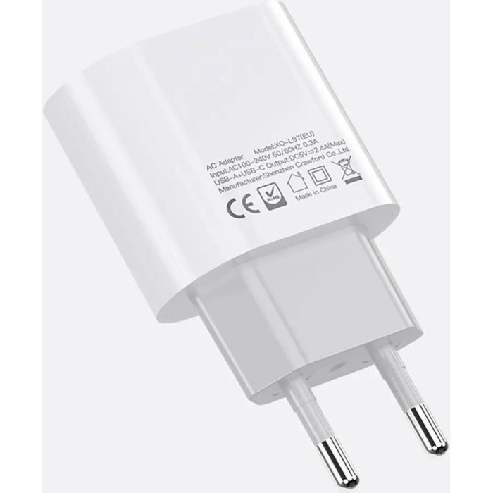 Зарядний пристрій XO L97 1xUSB-A, 1xUSB-C, 2.4A, 12W White (6920680827169)