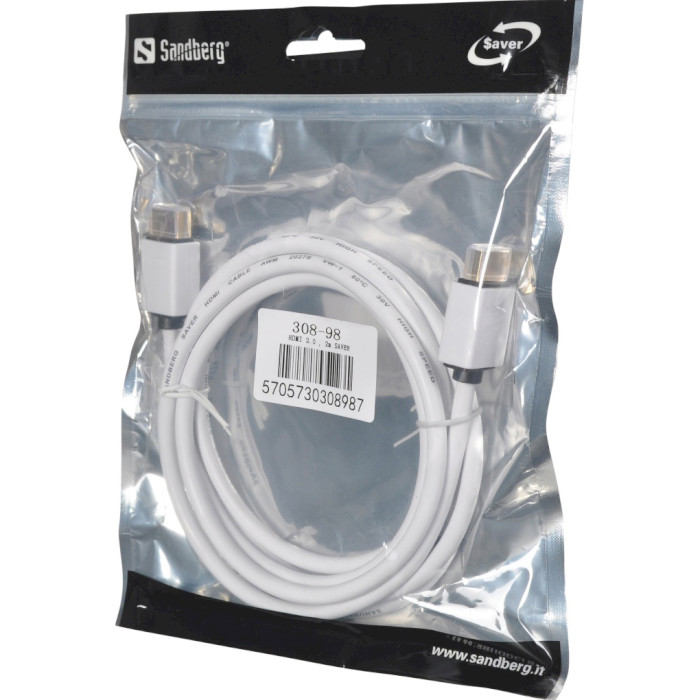 Кабель SANDBERG Male to Male HDMI v2.0 2м White (308-98)