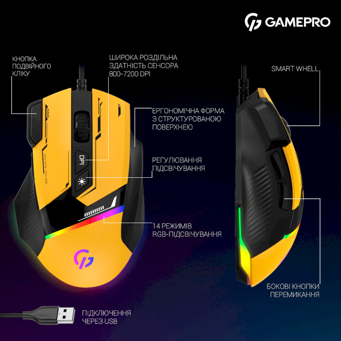 Миша ігрова GAMEPRO GM300 Yellow/Black