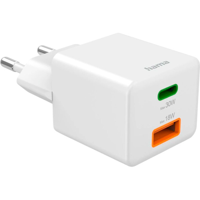 Зарядное устройство HAMA Mini 1xUSB-C, 1xUSB-A, QC3.0, PD, 30W White (00201992)