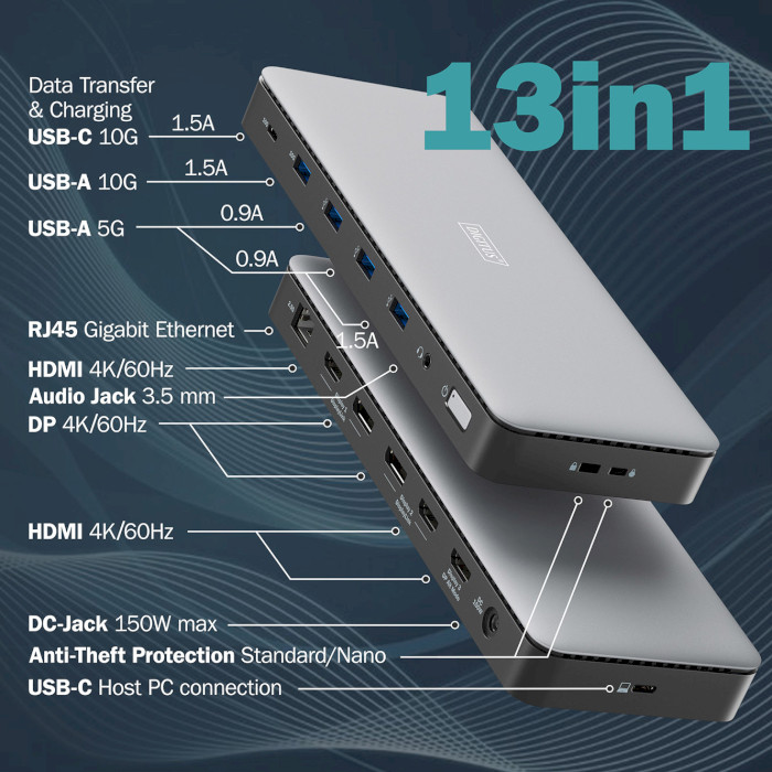 Порт-реплікатор DIGITUS USB-C 13-Port Docking Station (DA-70918)