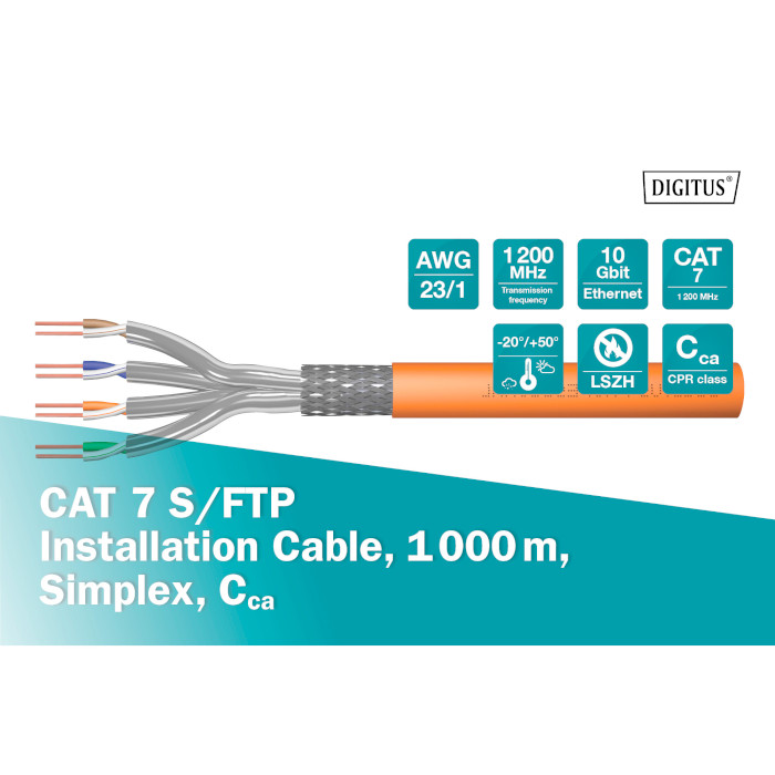 Кабель мережевий DIGITUS S/FTP Cat.7 LSZH 4x2x0.57 ССА Orange 1км (DK-1744-VH-10)