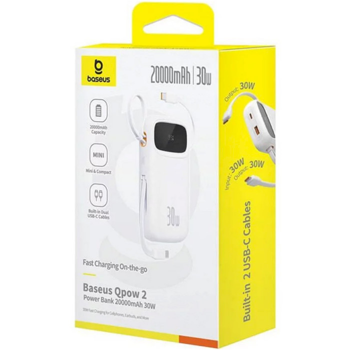 Повербанк BASEUS QPow2 Digital Display Fast Charge Power Bank with Built-in Dual Type-C Cable 30W 20000mAh White (P10055009213-00)