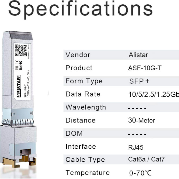 Модуль ALISTAR SFP-10G-T SFP+ 10GbE 30m