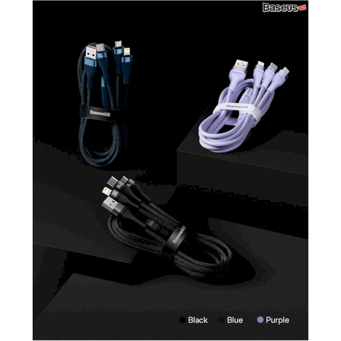 Кабель BASEUS Flash Series II 3-in-1 Fast Charging Data Cable USB to M+L+C 100W 1.5м Blue (CASS030203)