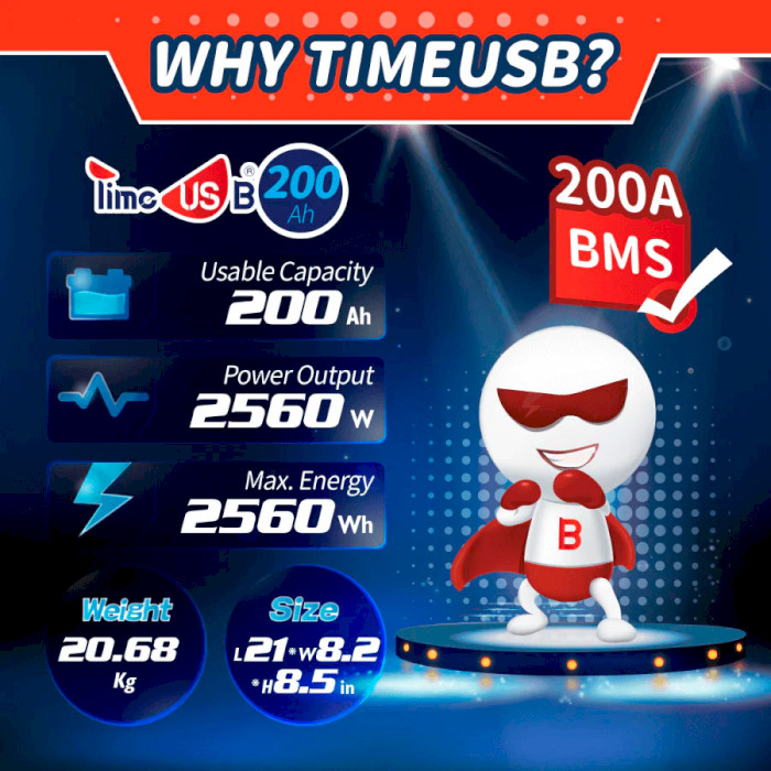 Акумуляторна батарея TIMEUSB LiFePO4 24V 200Ah Plus (12.8В, 200Агод, 4S4P/BMS)