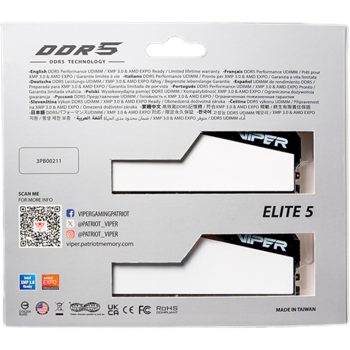 Модуль пам'яті PATRIOT Viper Elite 5 White DDR5 6000MHz 32GB Kit 2x16GB (VEB532G6030KW)