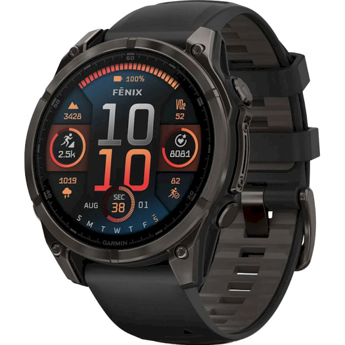 Смарт-часы GARMIN Fenix 8 Sapphire Solar 47mm Carbon Gray DLC Titanium with Black/Pebble Gray Silicone Band (010-02906-11)