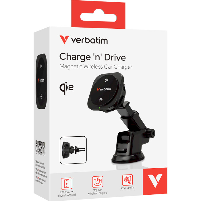 Автотримач з бездротовою зарядкою VERBATIM CND-02 Qi2 Charge 'N' Drive Magnetic Wireless Car Charger