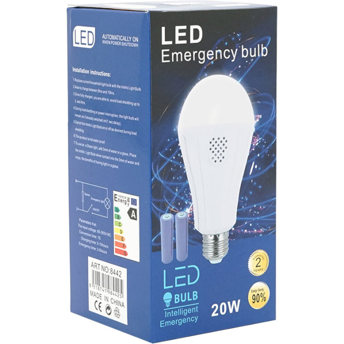 Лампа аккумуляторная LED VOLTRONIC Emergency Bulb A60 E27 20W 220V + крючок, аккумуляторы 2*18650 (YT39393)