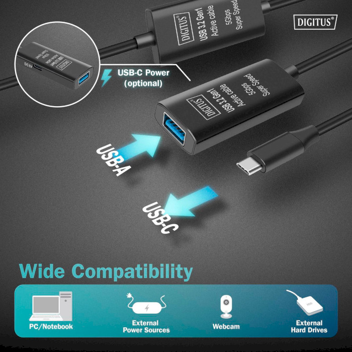 Кабель DIGITUS Active USB 3.2 Gen1 5G USB-C Male to USB-A Female Extension Cable 10м Black (DA-73111)